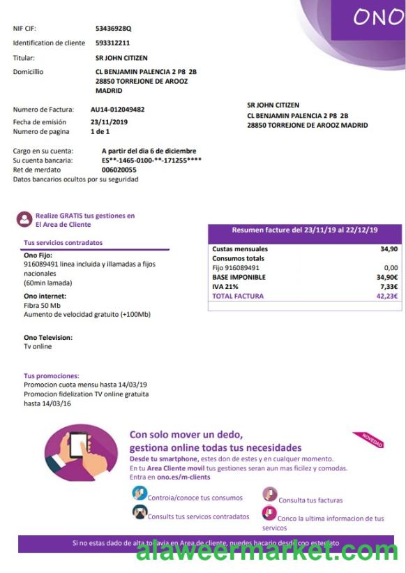 Spain ONO easy fillable utility bill template in Word and PDF format (.doc and .pdf)